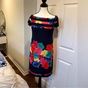 Frank Lyman Navy Floral Off Shoulder Cocktail Dress Size 8 Made in Canada